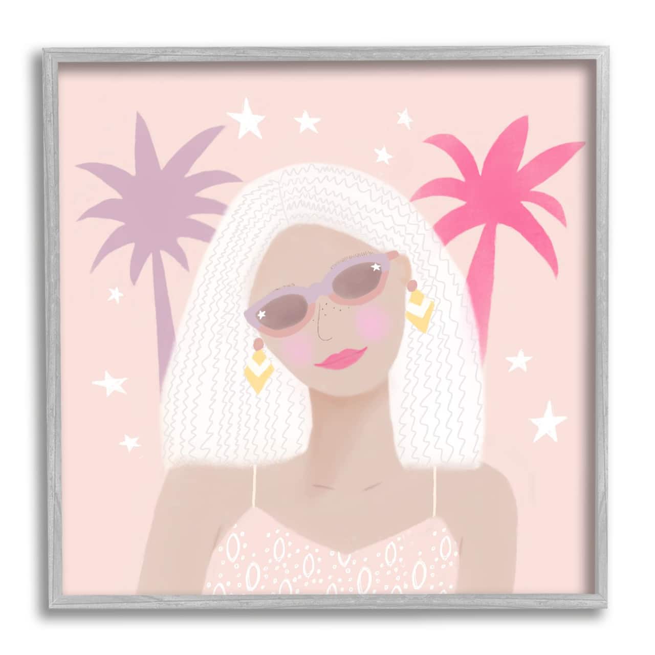 Stupell Industries Tropical Girl Fashionista Pink Palm Trees Starry Sky Framed Wall Art